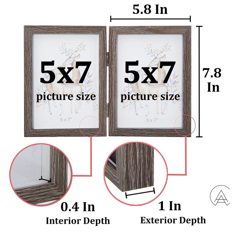 AEVETE 5x7 Double Picture Frames Hinged Wood Folding Picture Frames Vertically Display, Real Glass Front, Gray - Image 4